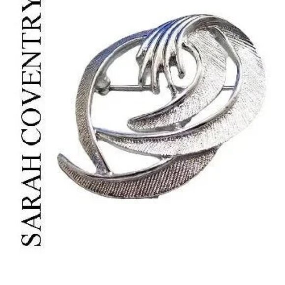 Sarah Coventry Swirl Band Wave Prongs Open Pin Brooch Silver Tone - Picture 4 of 5